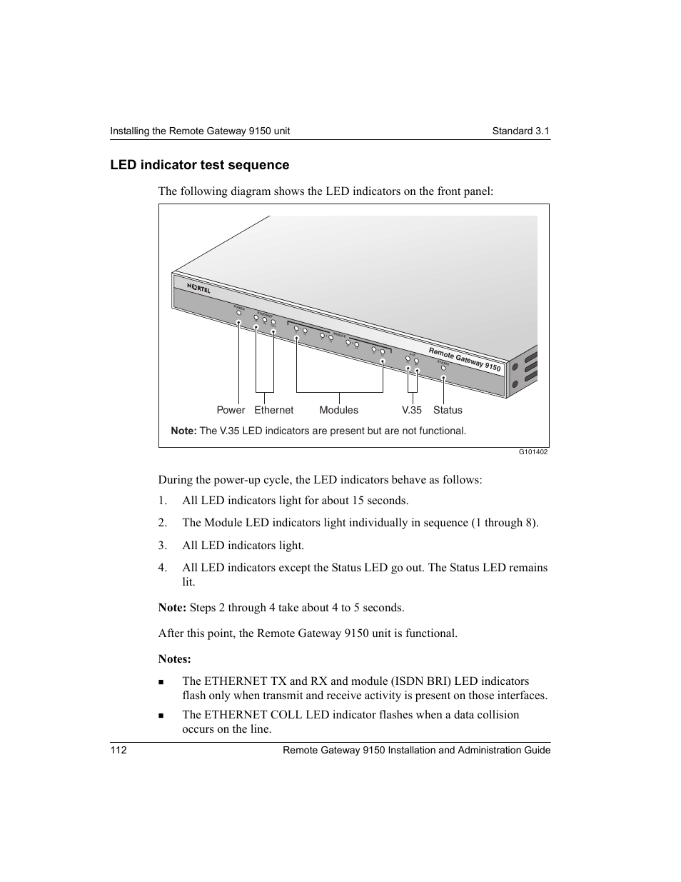 Led indicator test sequence | Nortel Networks 9150 User Manual | Page 142 / 562