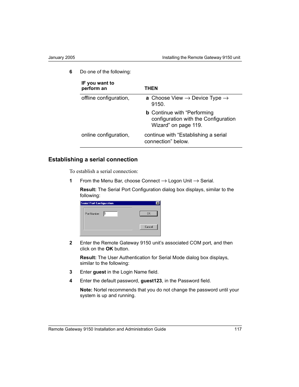 Establishing a serial connection | Nortel Networks 9150 User Manual | Page 147 / 562