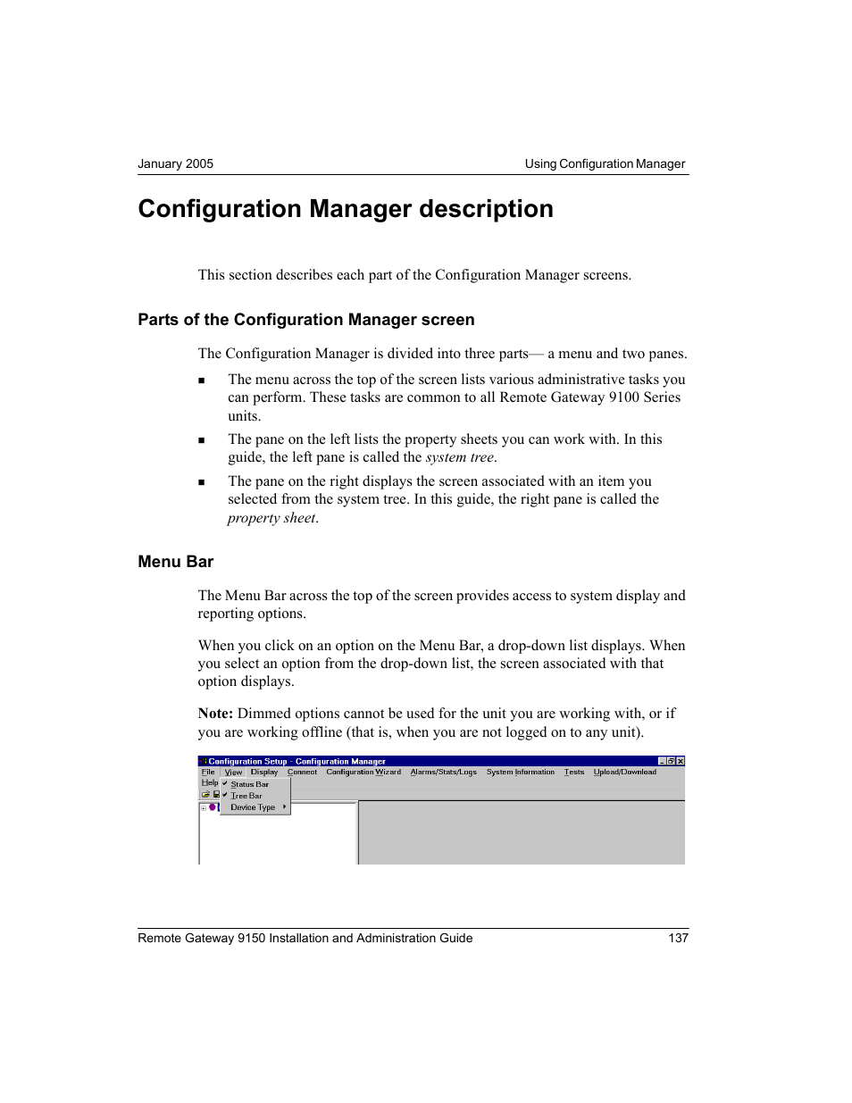 Configuration manager description, Parts of the configuration manager screen, Menu bar | Parts of the configuration manager screen menu bar | Nortel Networks 9150 User Manual | Page 167 / 562