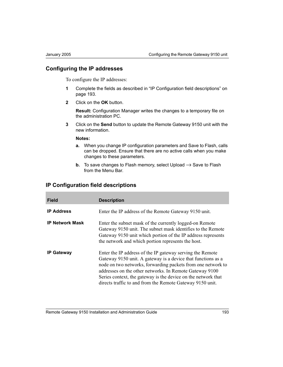 Configuring the ip addresses, Ip configuration field descriptions | Nortel Networks 9150 User Manual | Page 223 / 562