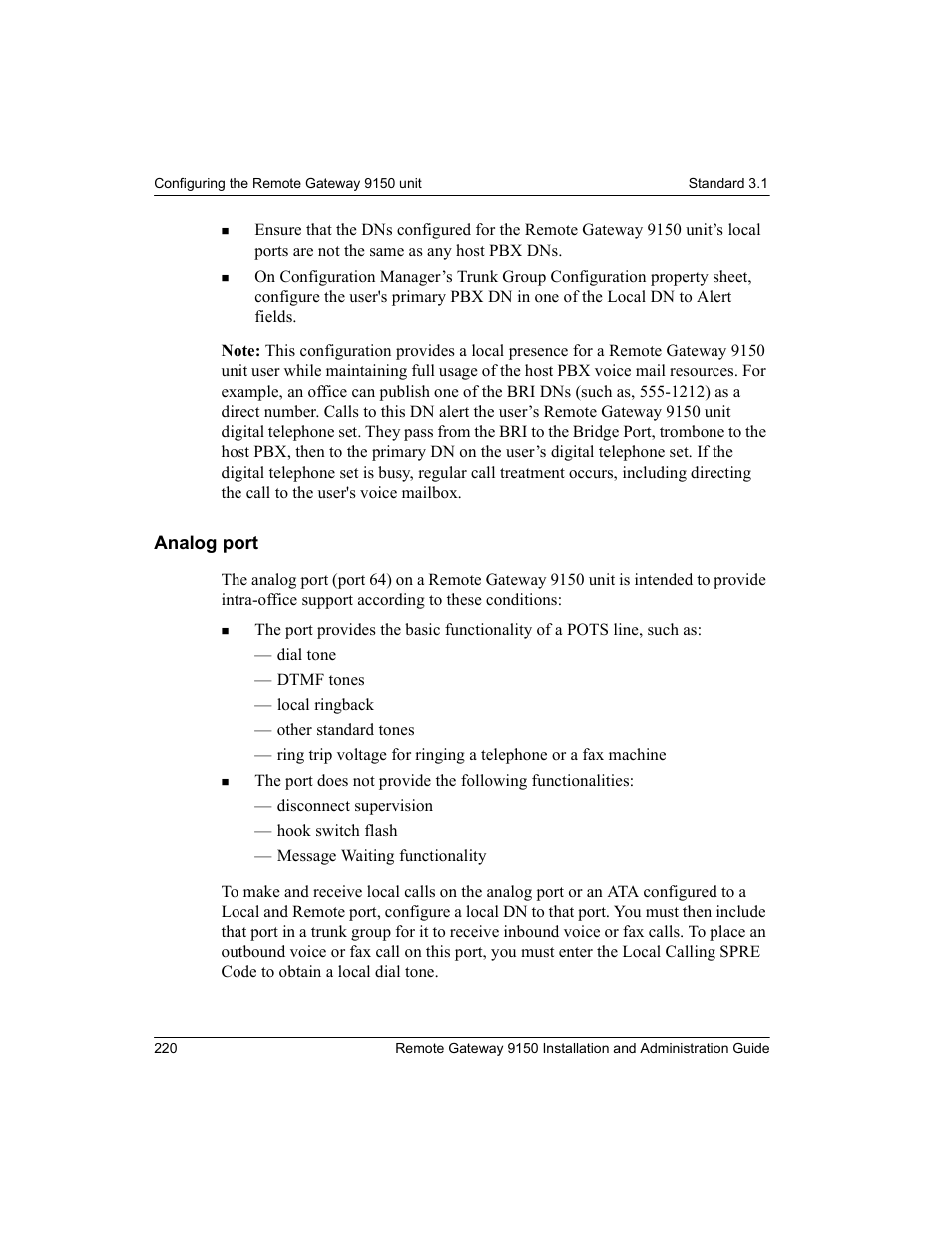 Analog port | Nortel Networks 9150 User Manual | Page 250 / 562