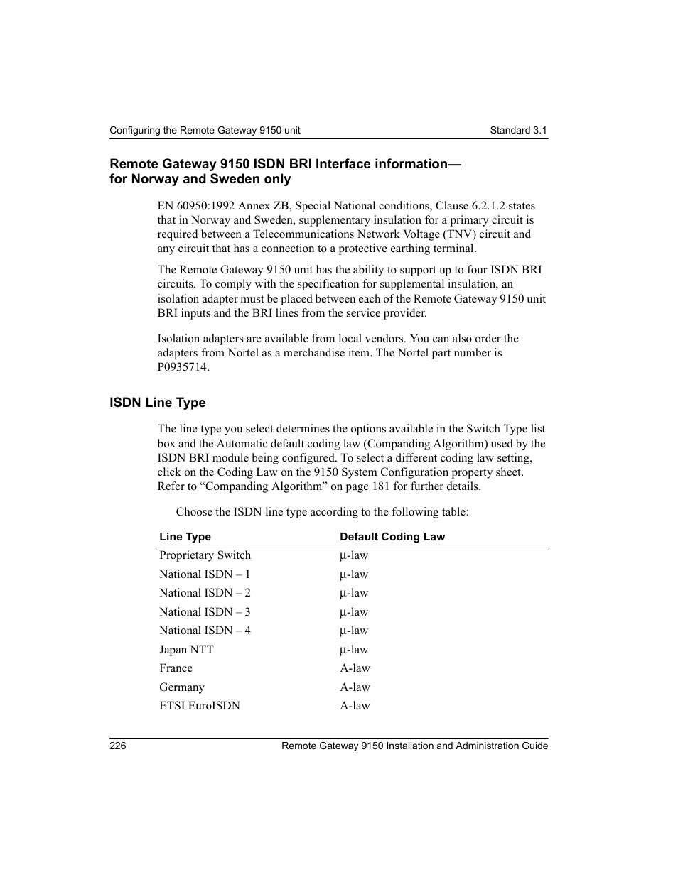 Isdn line type, Remote gateway 9150 isdn bri interface information, For norway and sweden only | Nortel Networks 9150 User Manual | Page 256 / 562
