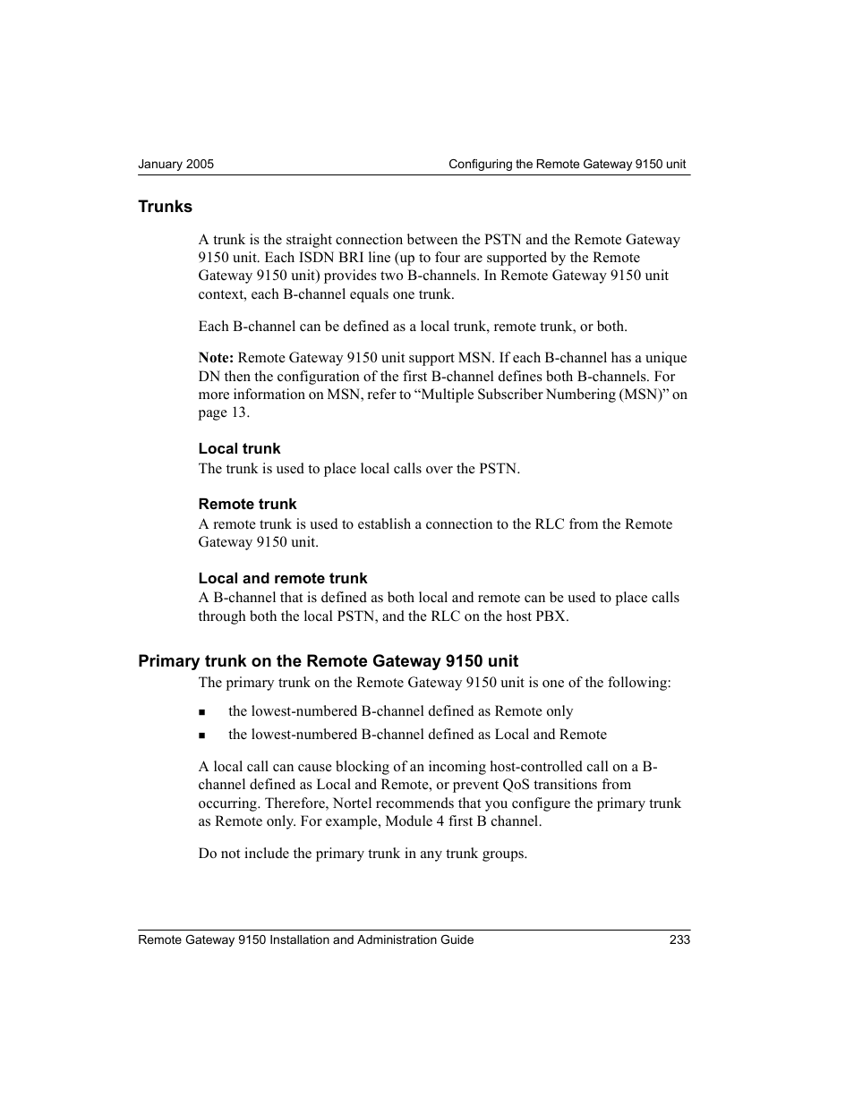 Trunks, Primary trunk on the remote gateway 9150 unit | Nortel Networks 9150 User Manual | Page 263 / 562