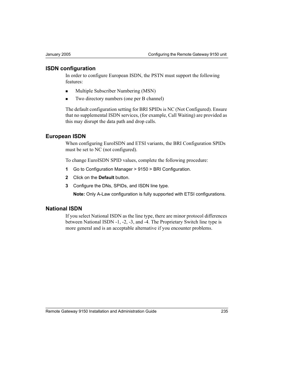 Isdn configuration, European isdn, National isdn | Isdn configuration european isdn national isdn | Nortel Networks 9150 User Manual | Page 265 / 562