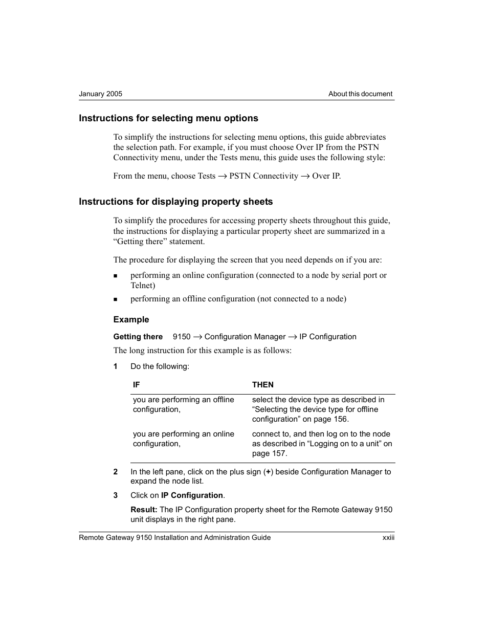 Instructions for selecting menu options, Instructions for displaying property sheets | Nortel Networks 9150 User Manual | Page 27 / 562