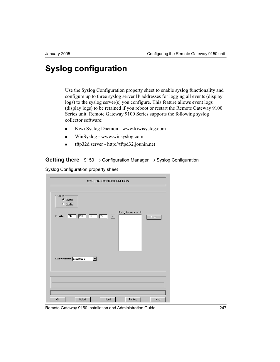 Syslog configuration | Nortel Networks 9150 User Manual | Page 277 / 562