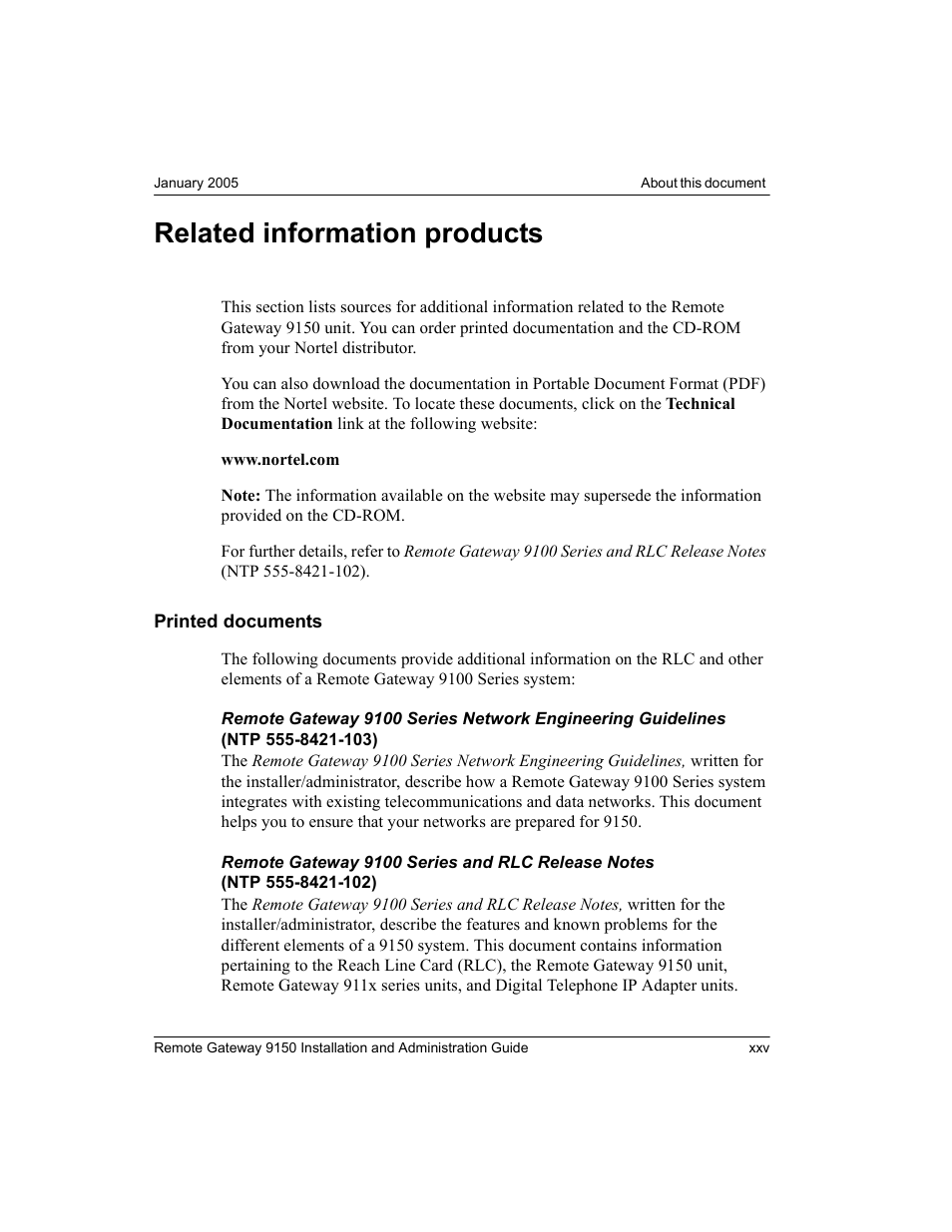 Related information products, Printed documents | Nortel Networks 9150 User Manual | Page 29 / 562