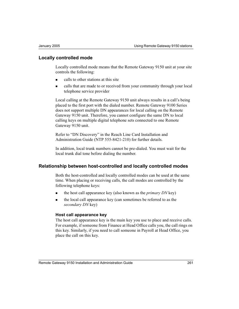 Locally controlled mode, Locally controlled modes | Nortel Networks 9150 User Manual | Page 291 / 562