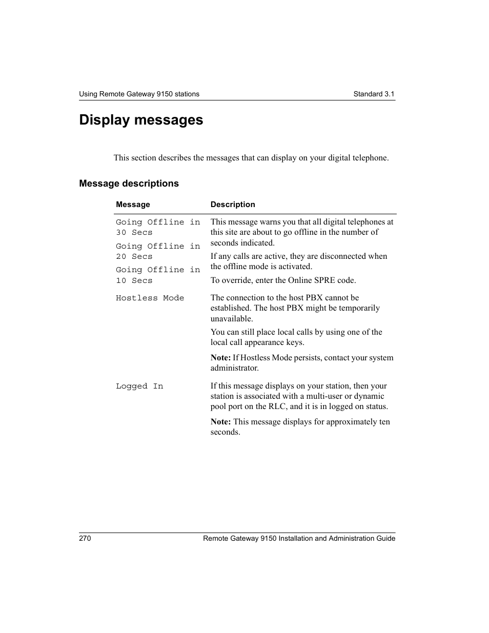 Display messages, Message descriptions | Nortel Networks 9150 User Manual | Page 300 / 562
