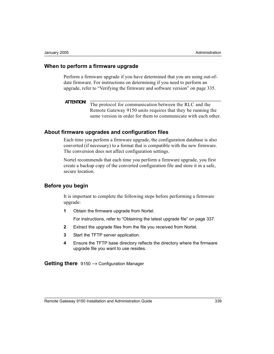 When to perform a firmware upgrade, About firmware upgrades and configuration files, Before you begin | Nortel Networks 9150 User Manual | Page 369 / 562