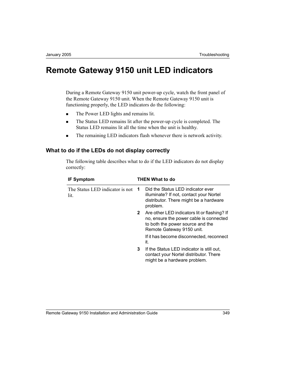 Remote gateway 9150 unit led indicators, What to do if the leds do not display correctly | Nortel Networks 9150 User Manual | Page 379 / 562