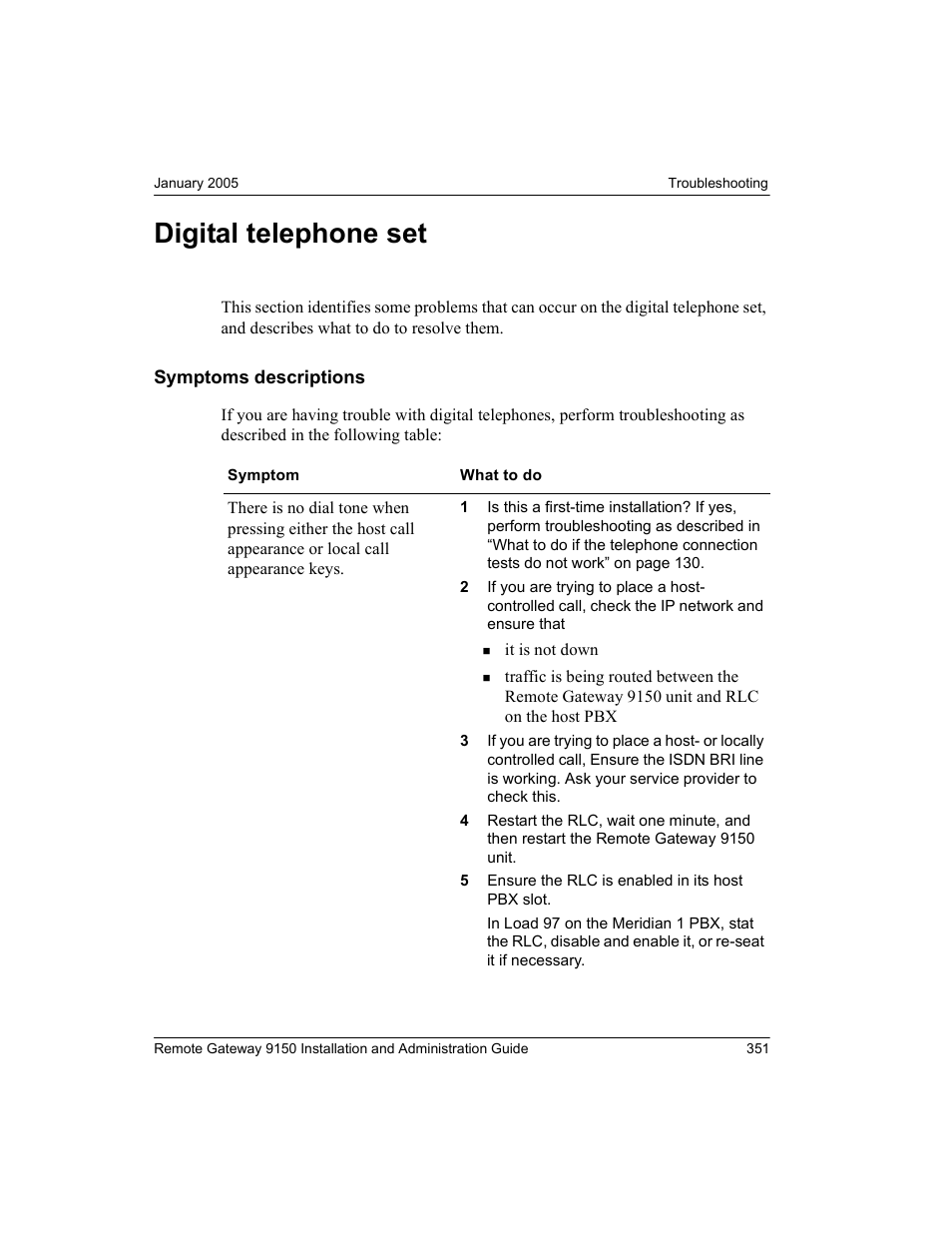 Digital telephone set, Symptoms descriptions | Nortel Networks 9150 User Manual | Page 381 / 562