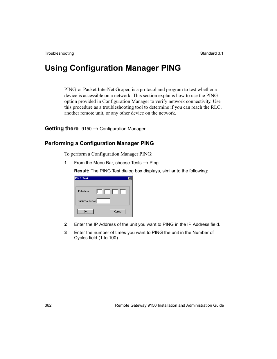 Using configuration manager ping, Performing a configuration manager ping | Nortel Networks 9150 User Manual | Page 392 / 562