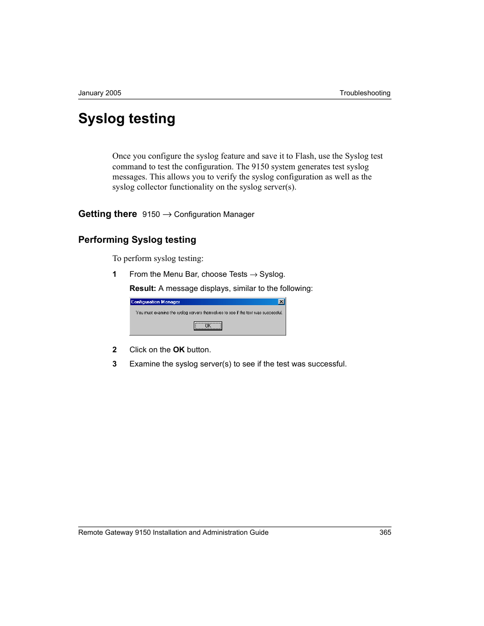 Syslog testing, Performing syslog testing | Nortel Networks 9150 User Manual | Page 395 / 562