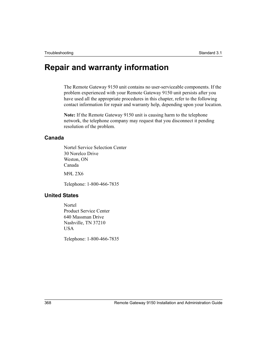 Repair and warranty information, Canada, United states | Canada united states | Nortel Networks 9150 User Manual | Page 398 / 562