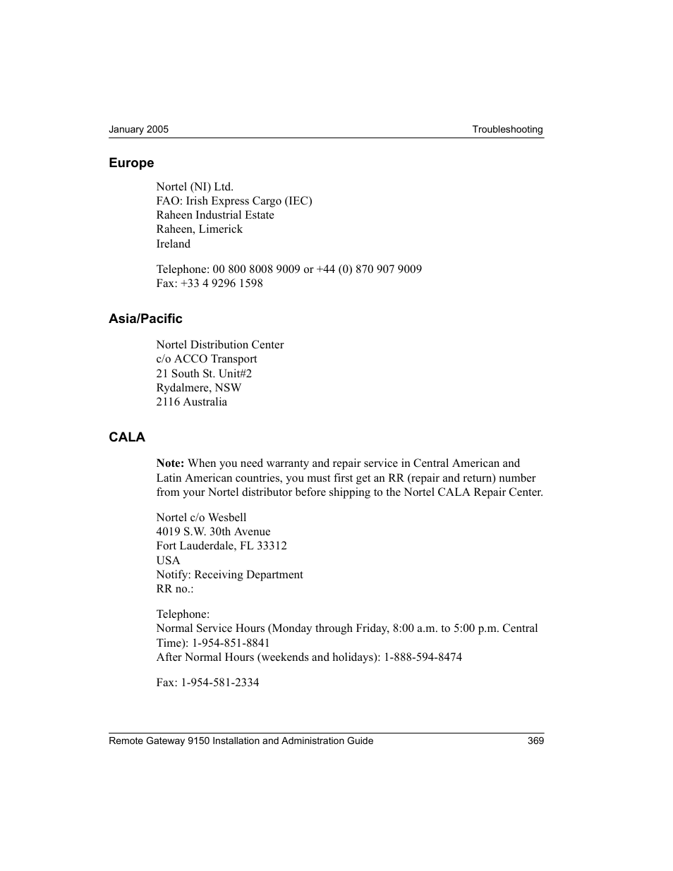 Europe, Asia/pacific, Cala | Europe asia/pacific cala | Nortel Networks 9150 User Manual | Page 399 / 562