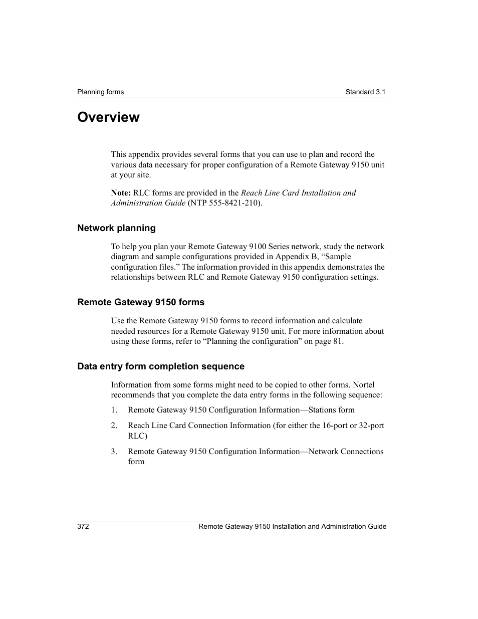 Overview, Network planning, Remote gateway 9150 forms | Data entry form completion sequence | Nortel Networks 9150 User Manual | Page 402 / 562