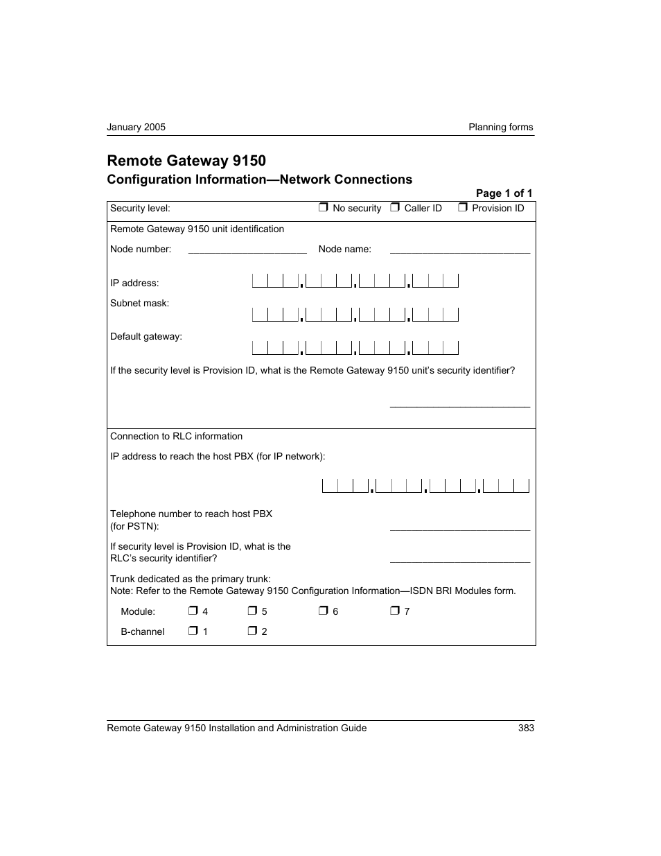 50 configuration information—network connections, Configuration information—network connections, Remote gateway 9150 | Nortel Networks 9150 User Manual | Page 413 / 562