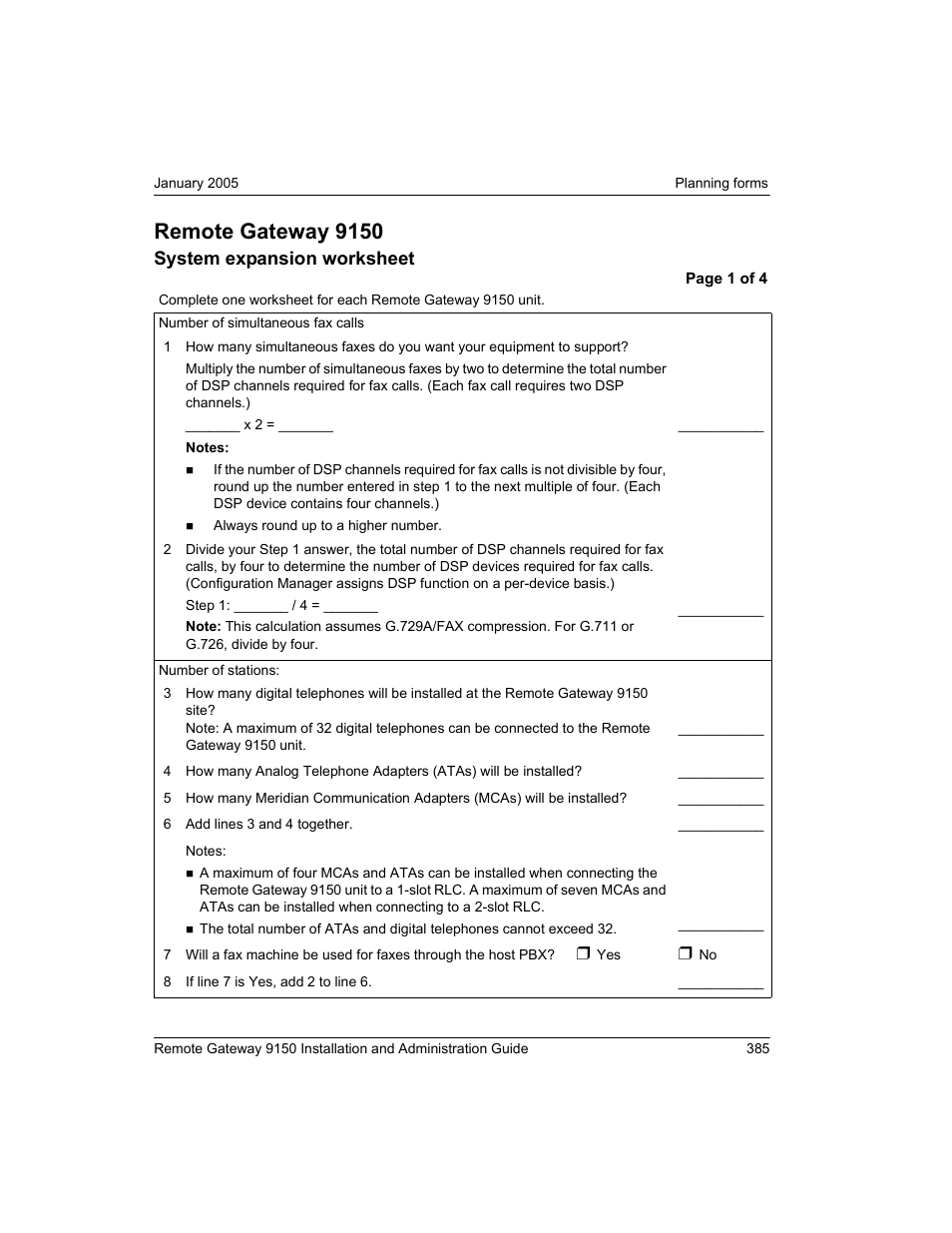 9150 system expansion worksheet, 50 system expansion worksheet, System expansion worksheet | Remote gateway 9150 | Nortel Networks 9150 User Manual | Page 415 / 562