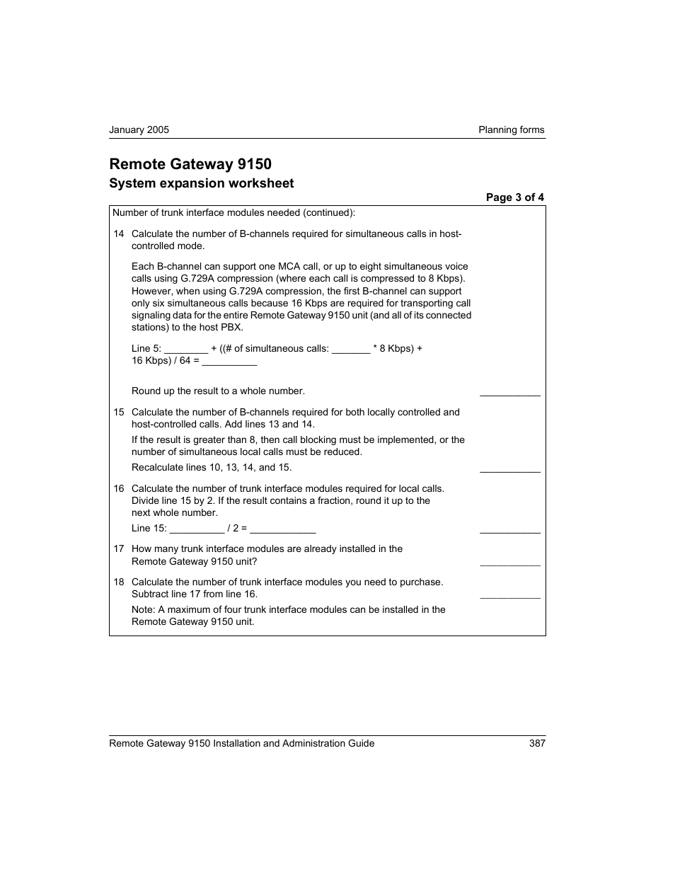 Remote gateway 9150, System expansion worksheet | Nortel Networks 9150 User Manual | Page 417 / 562