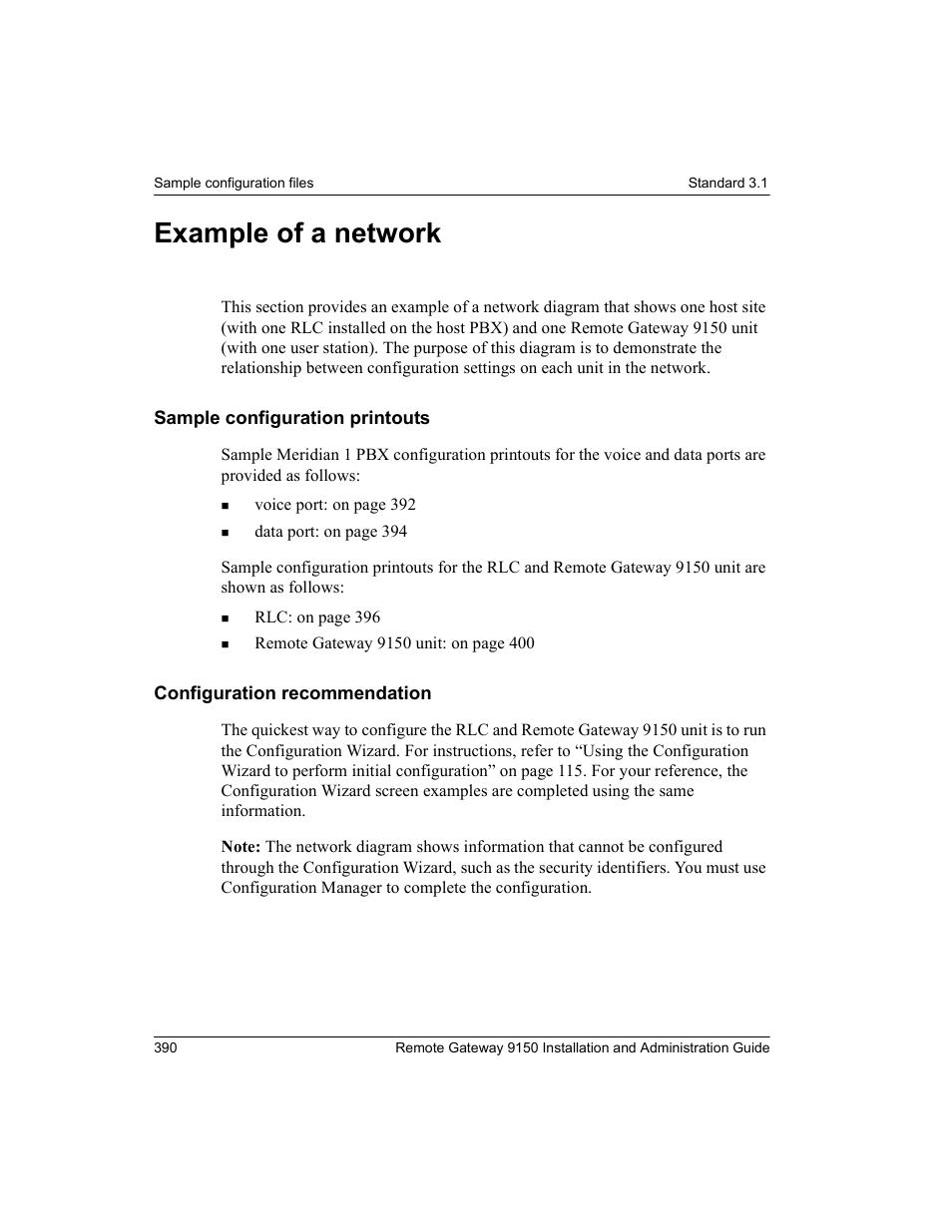 Example of a network, Sample configuration printouts, Configuration recommendation | Nortel Networks 9150 User Manual | Page 420 / 562