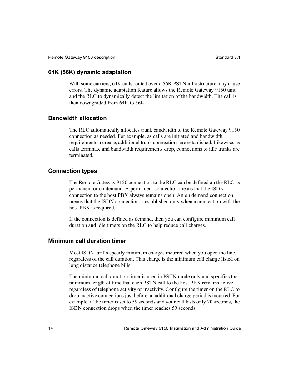 64k (56k) dynamic adaptation, Bandwidth allocation, Connection types | Minimum call duration timer | Nortel Networks 9150 User Manual | Page 44 / 562