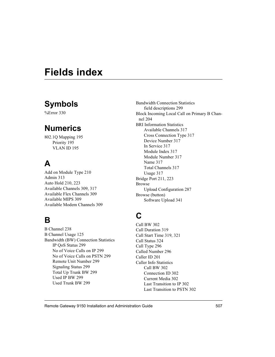 Fields index, Symbols, Numerics | Nortel Networks 9150 User Manual | Page 537 / 562
