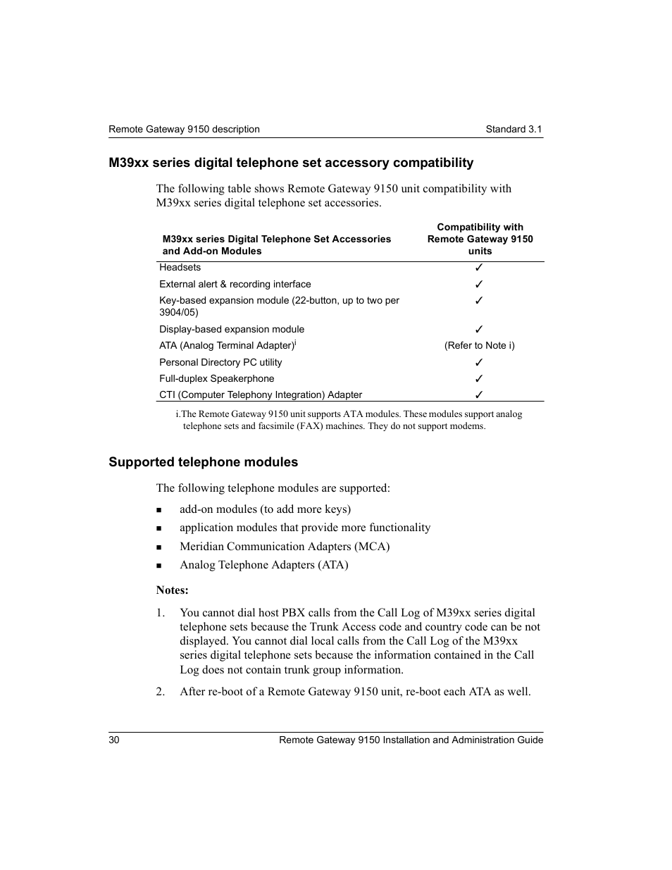 Supported telephone modules | Nortel Networks 9150 User Manual | Page 60 / 562