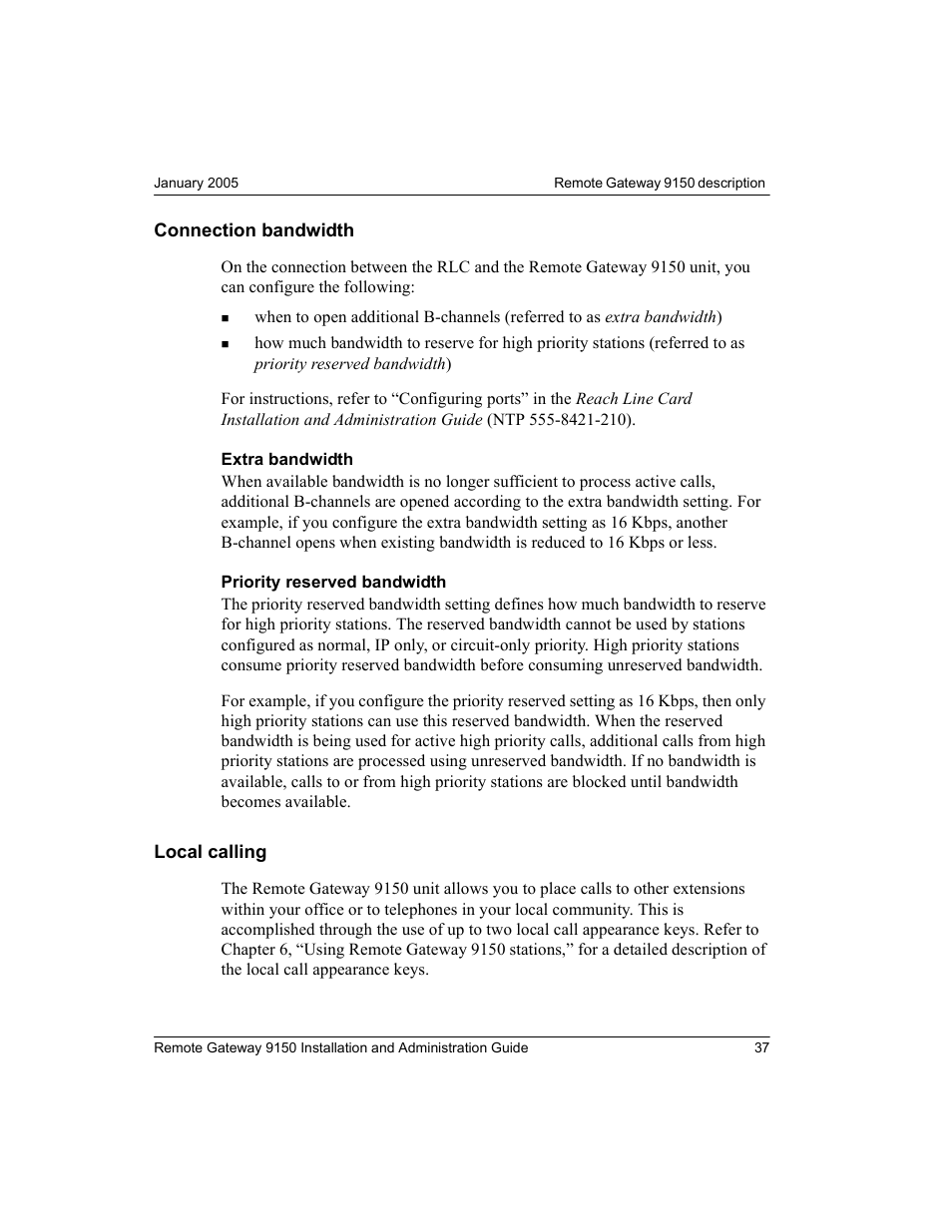 Connection bandwidth, Local calling, Connection bandwidth local calling | Nortel Networks 9150 User Manual | Page 67 / 562