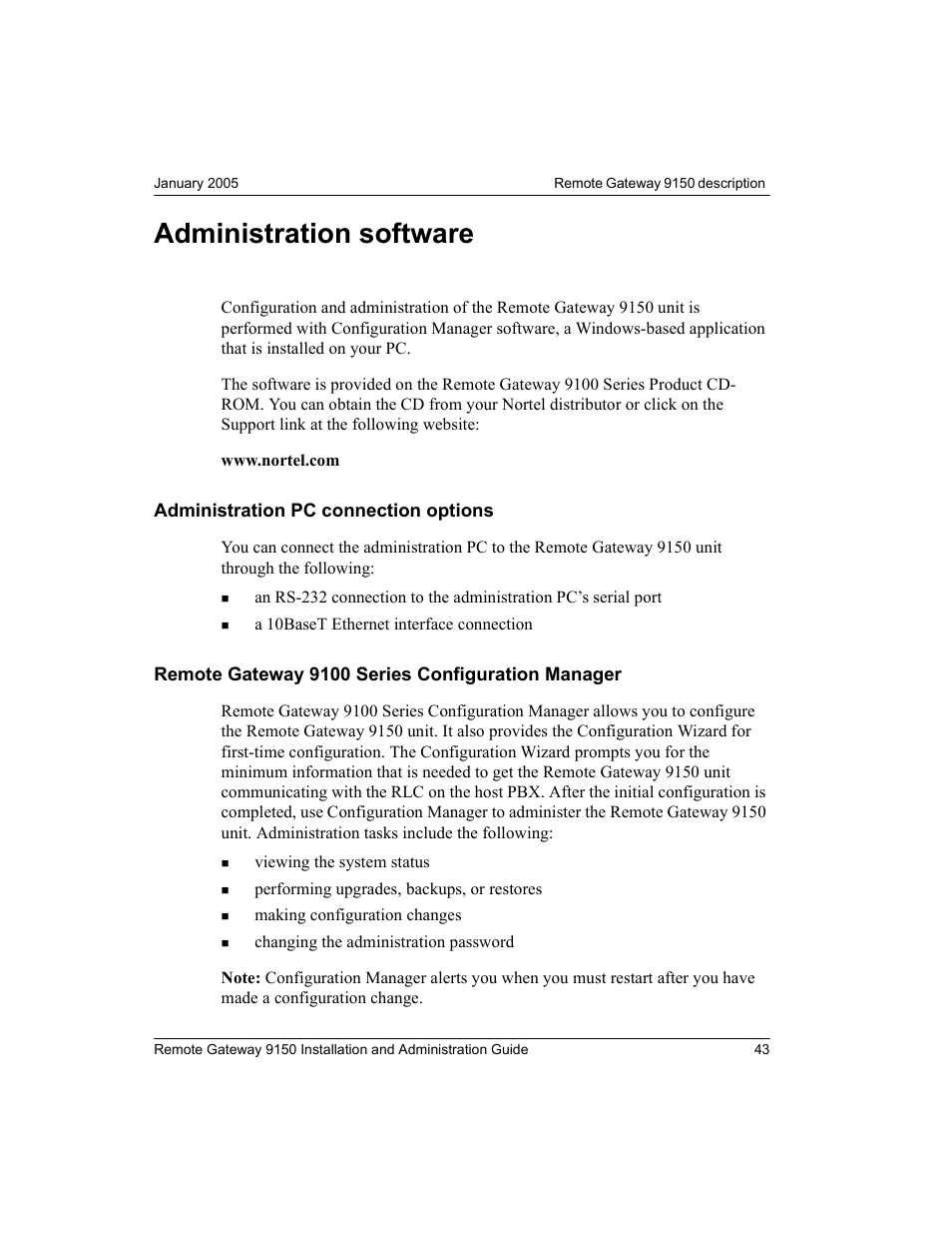 Administration software, Administration pc connection options, Remote gateway 9100 series configuration manager | Nortel Networks 9150 User Manual | Page 73 / 562