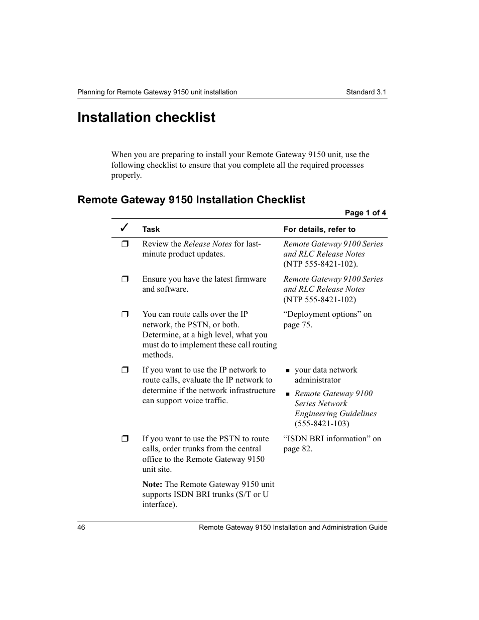 Installation checklist, Remote gateway 9150 installation checklist | Nortel Networks 9150 User Manual | Page 76 / 562