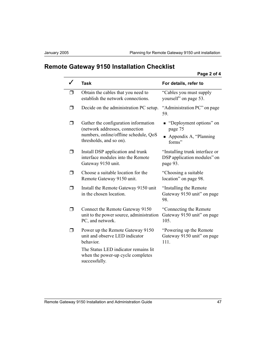 Remote gateway 9150 installation checklist | Nortel Networks 9150 User Manual | Page 77 / 562