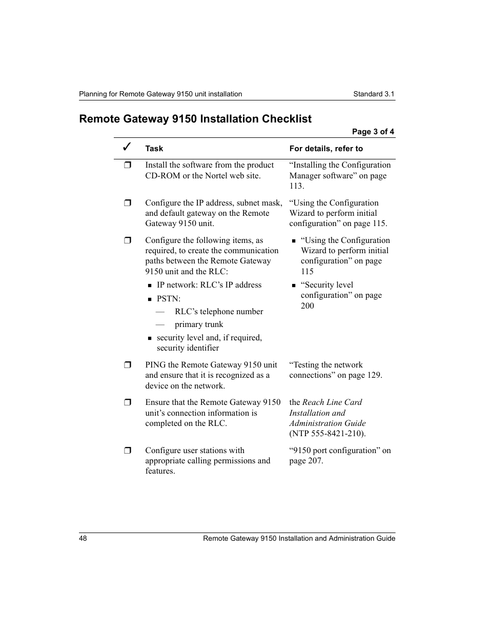 Remote gateway 9150 installation checklist | Nortel Networks 9150 User Manual | Page 78 / 562