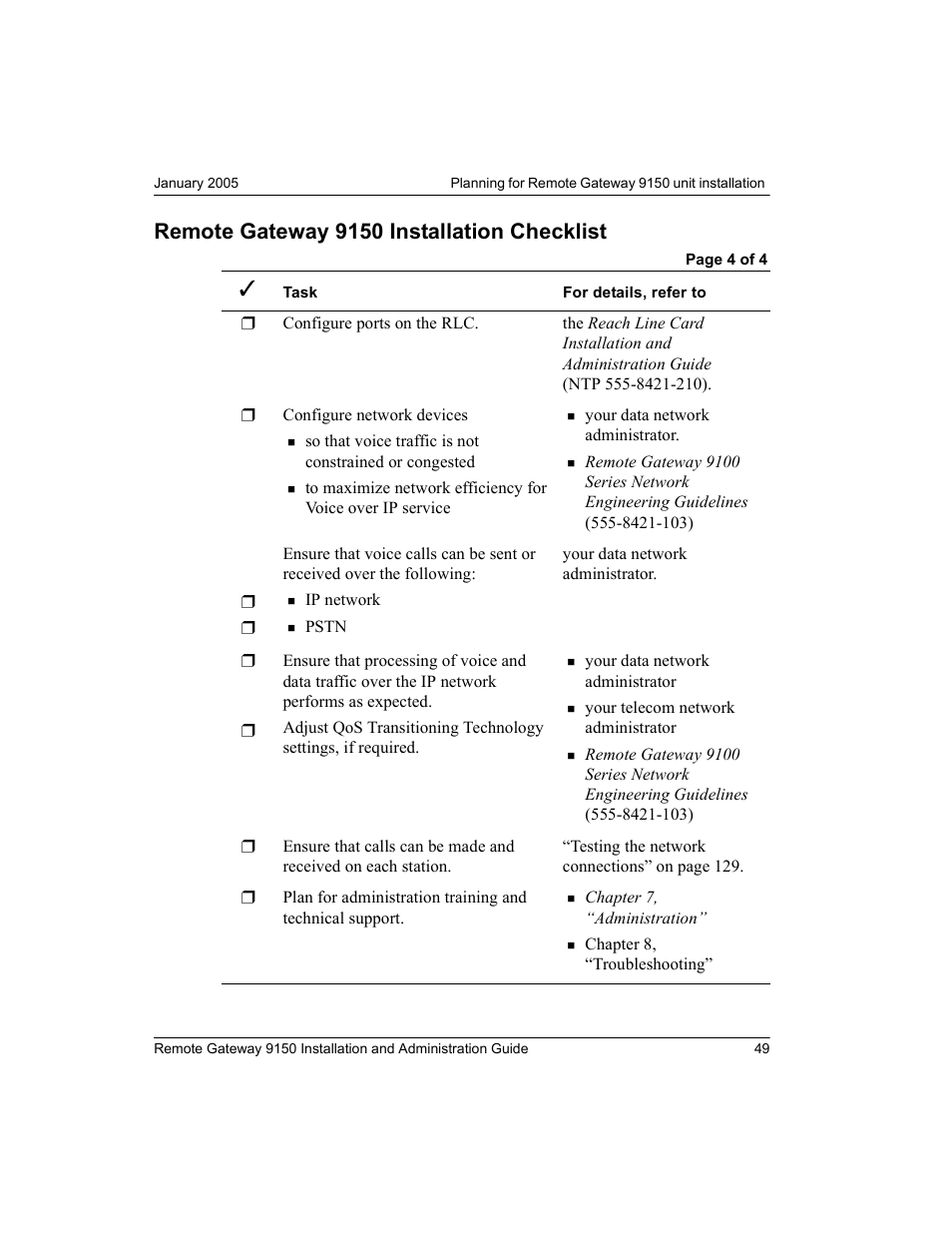 Remote gateway 9150 installation checklist | Nortel Networks 9150 User Manual | Page 79 / 562