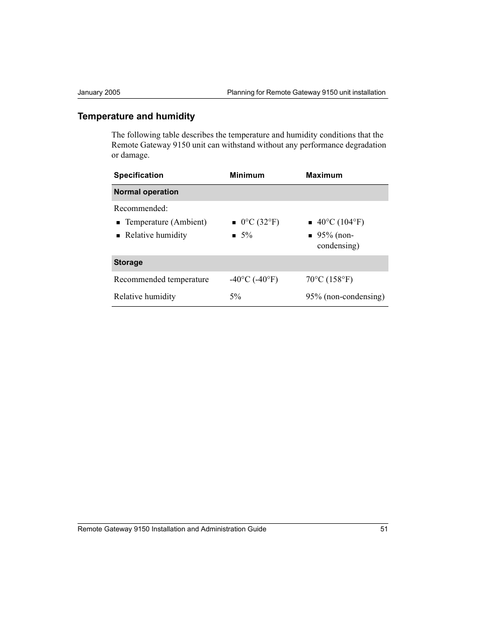 Temperature and humidity | Nortel Networks 9150 User Manual | Page 81 / 562
