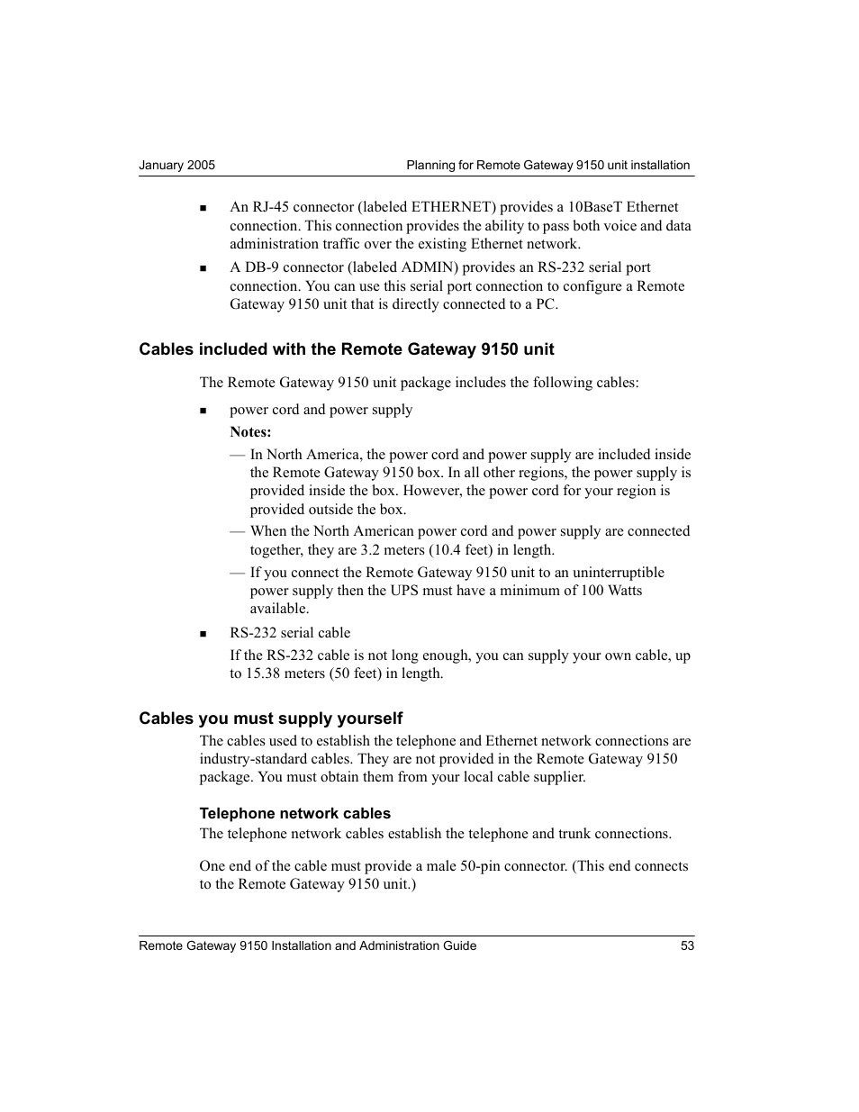 Cables included with the remote gateway 9150 unit, Cables you must supply yourself | Nortel Networks 9150 User Manual | Page 83 / 562