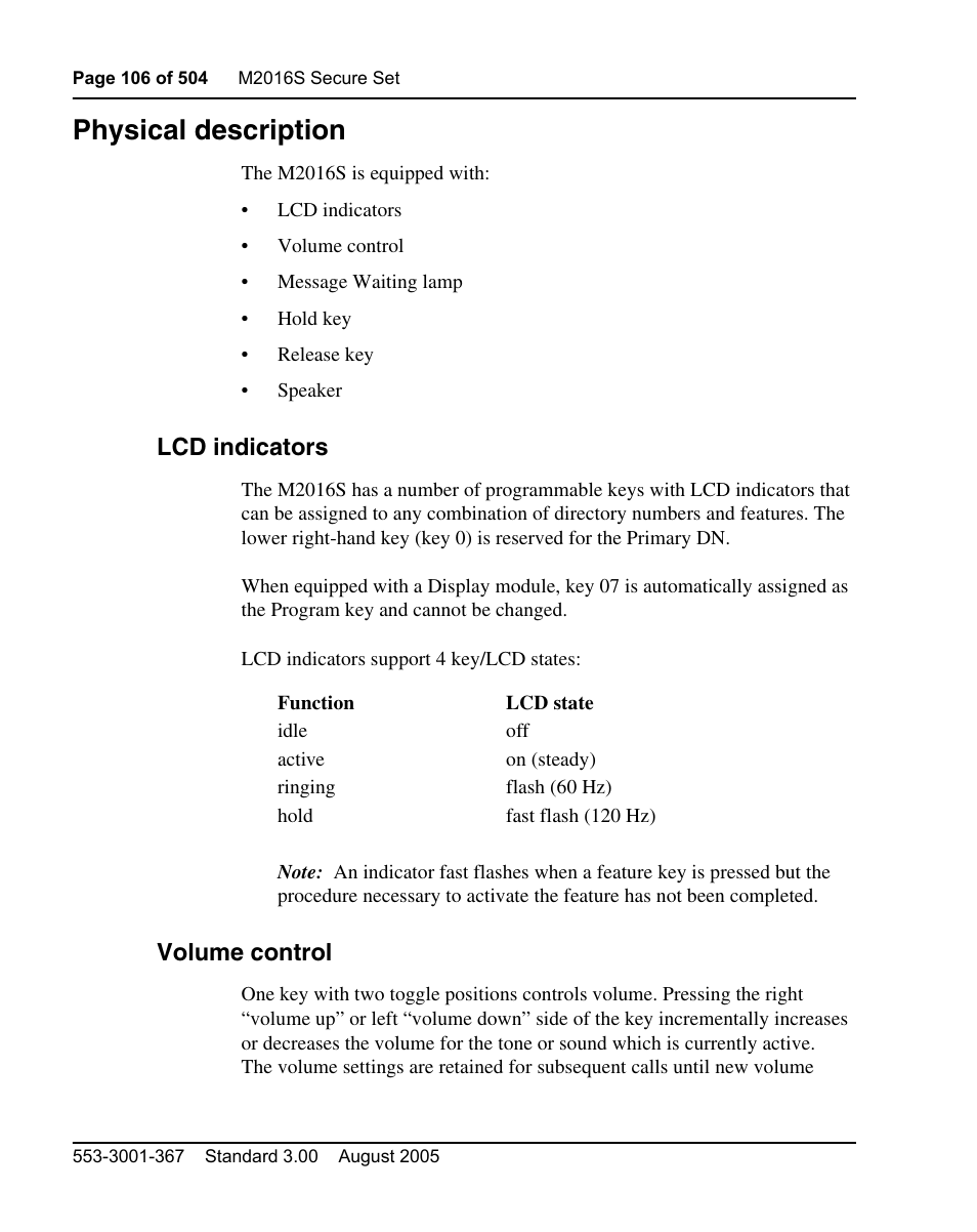 Physical description, Lcd indicators, Volume control | Nortel Networks M3110 User Manual | Page 106 / 506