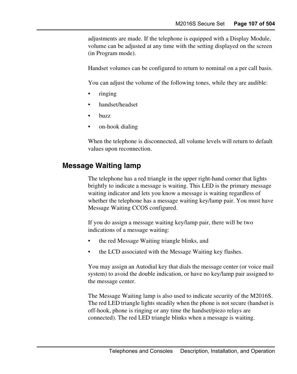 Message waiting lamp | Nortel Networks M3110 User Manual | Page 107 / 506