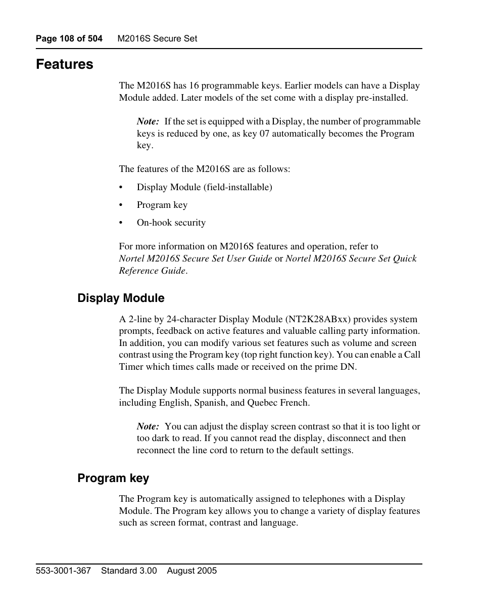 Features, Display module, Program key | Nortel Networks M3110 User Manual | Page 108 / 506