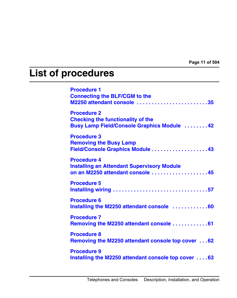 List of procedures | Nortel Networks M3110 User Manual | Page 11 / 506