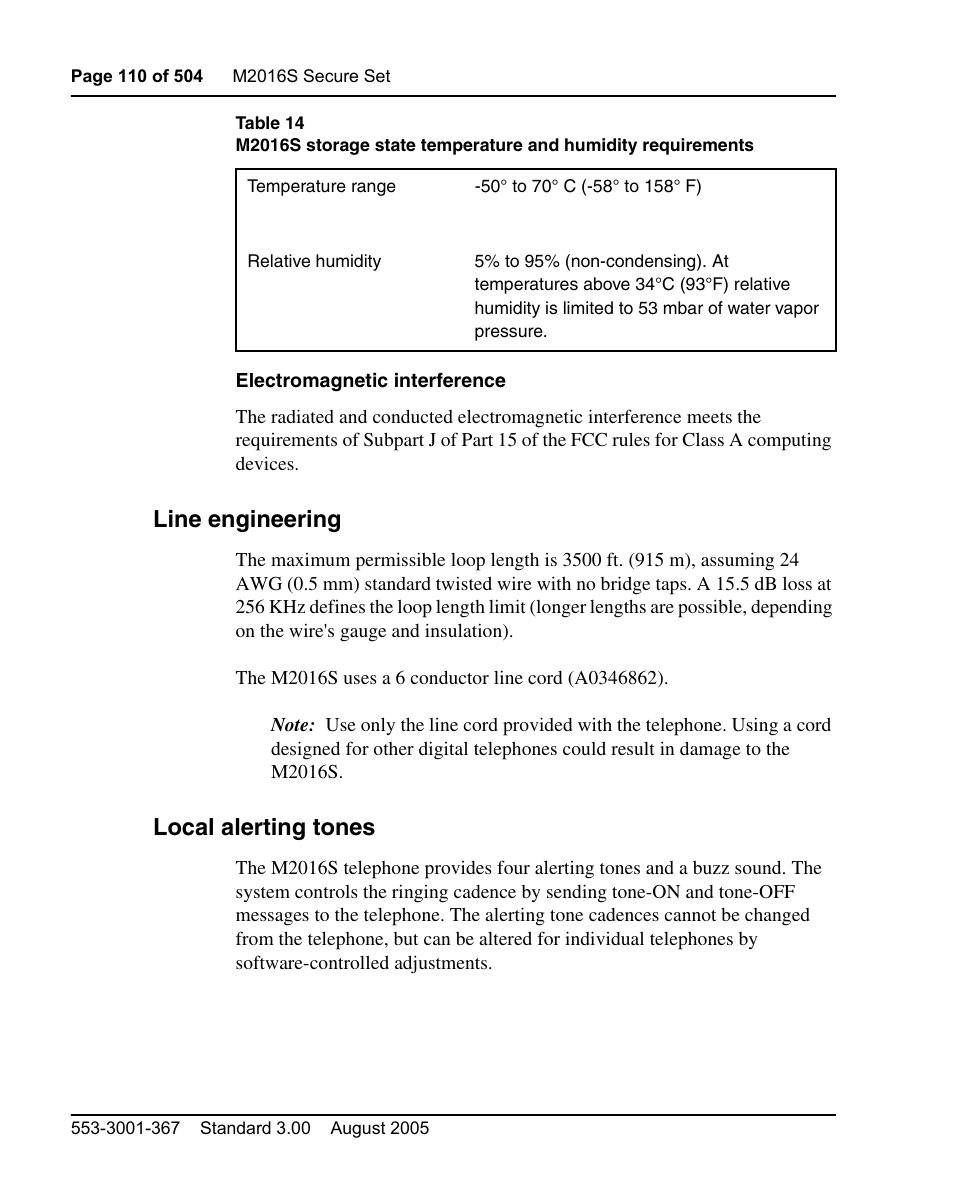 Line engineering, Local alerting tones | Nortel Networks M3110 User Manual | Page 110 / 506