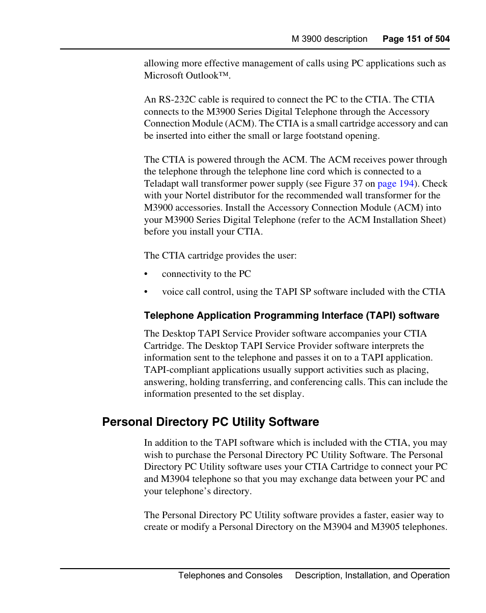 Personal directory pc utility software | Nortel Networks M3110 User Manual | Page 151 / 506