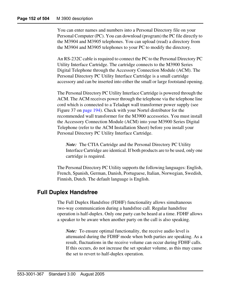 Full duplex handsfree | Nortel Networks M3110 User Manual | Page 152 / 506