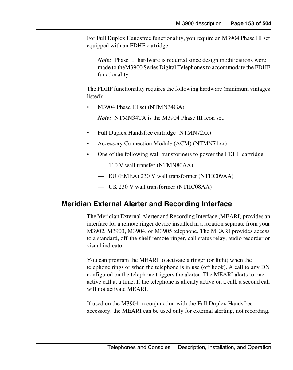 Meridian external alerter and recording interface | Nortel Networks M3110 User Manual | Page 153 / 506