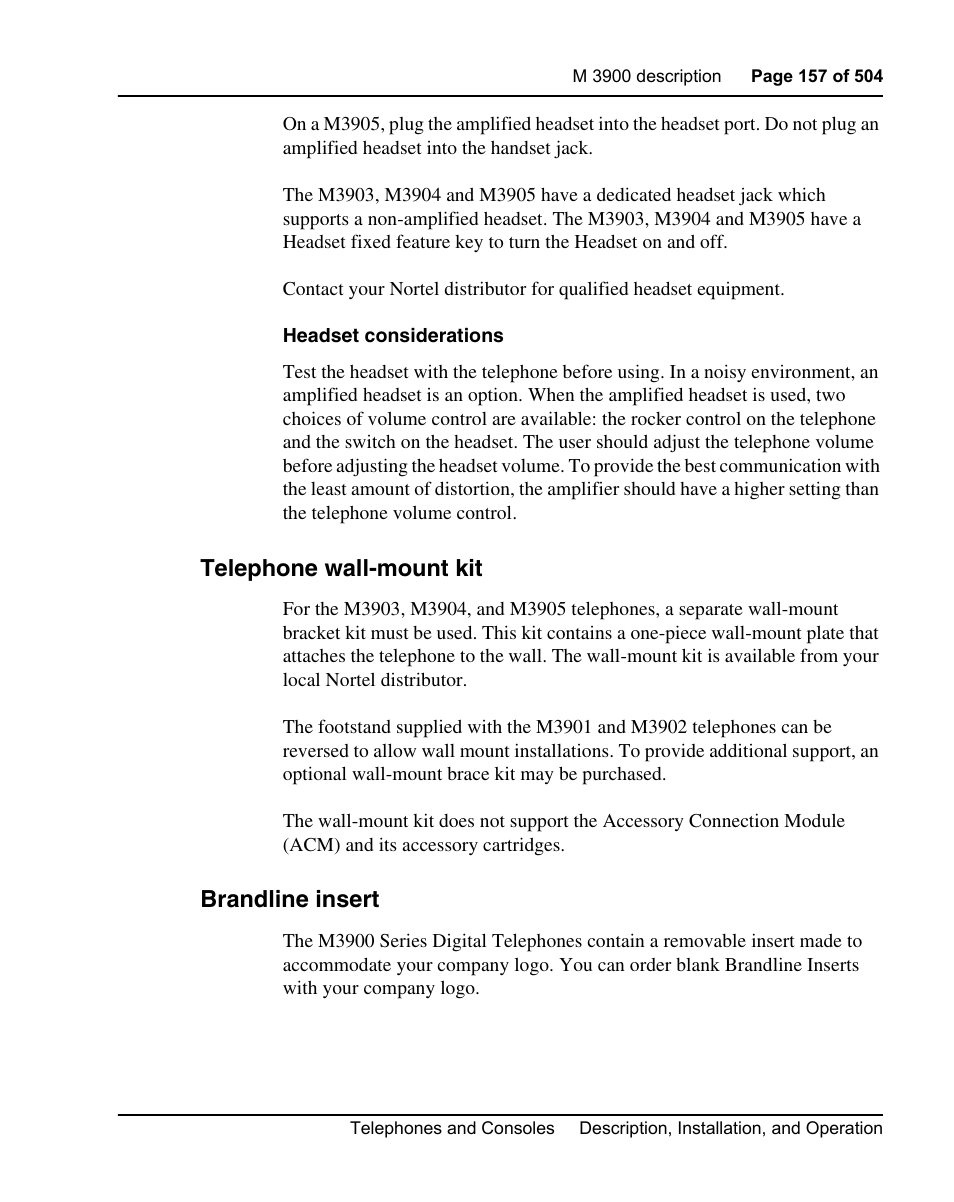 Telephone wall-mount kit, Brandline insert | Nortel Networks M3110 User Manual | Page 157 / 506