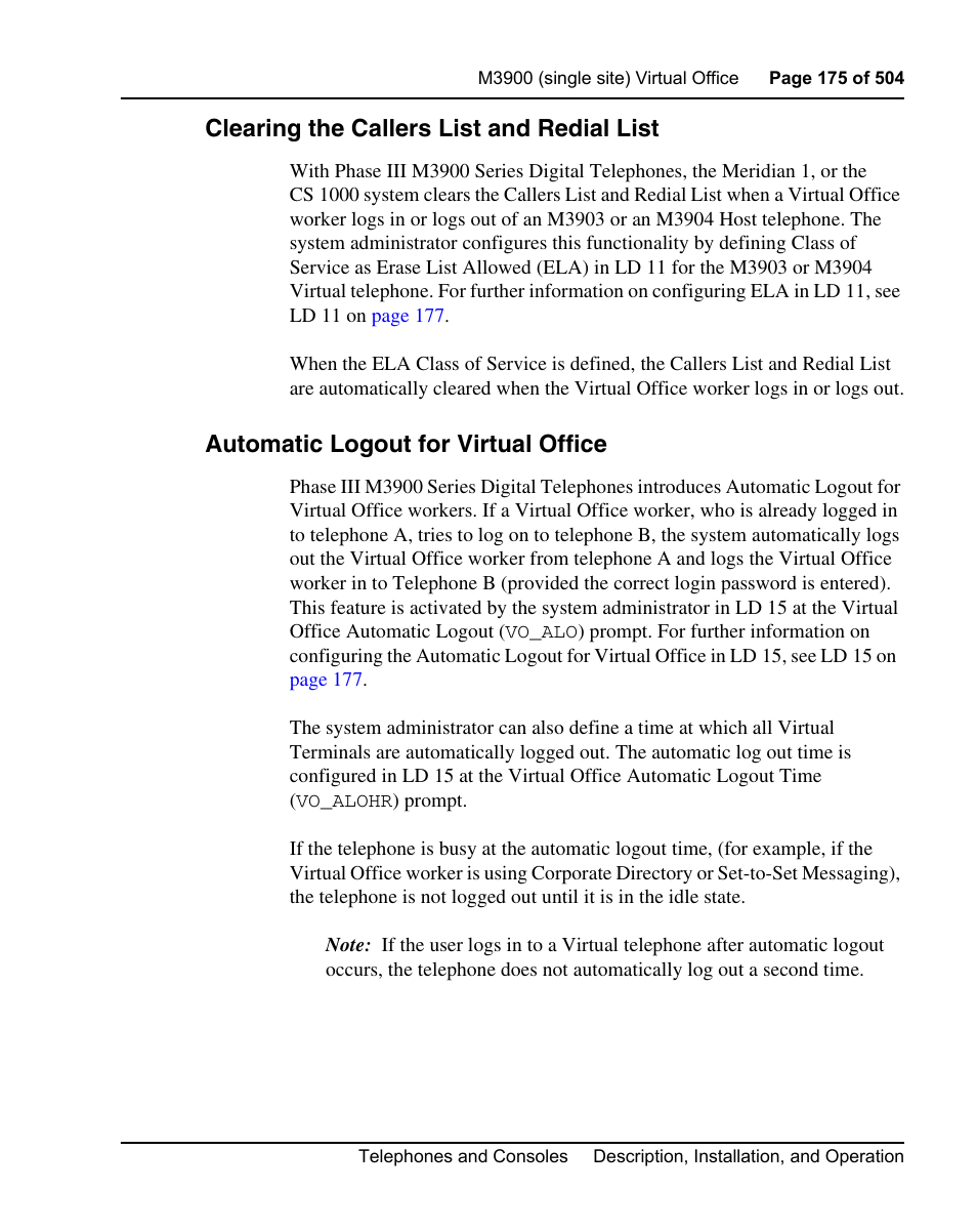 Clearing the callers list and redial list, Automatic logout for virtual office | Nortel Networks M3110 User Manual | Page 175 / 506