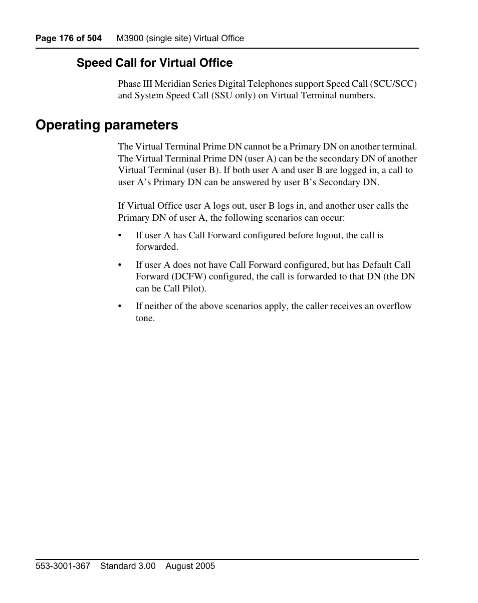 Speed call for virtual office, Operating parameters | Nortel Networks M3110 User Manual | Page 176 / 506