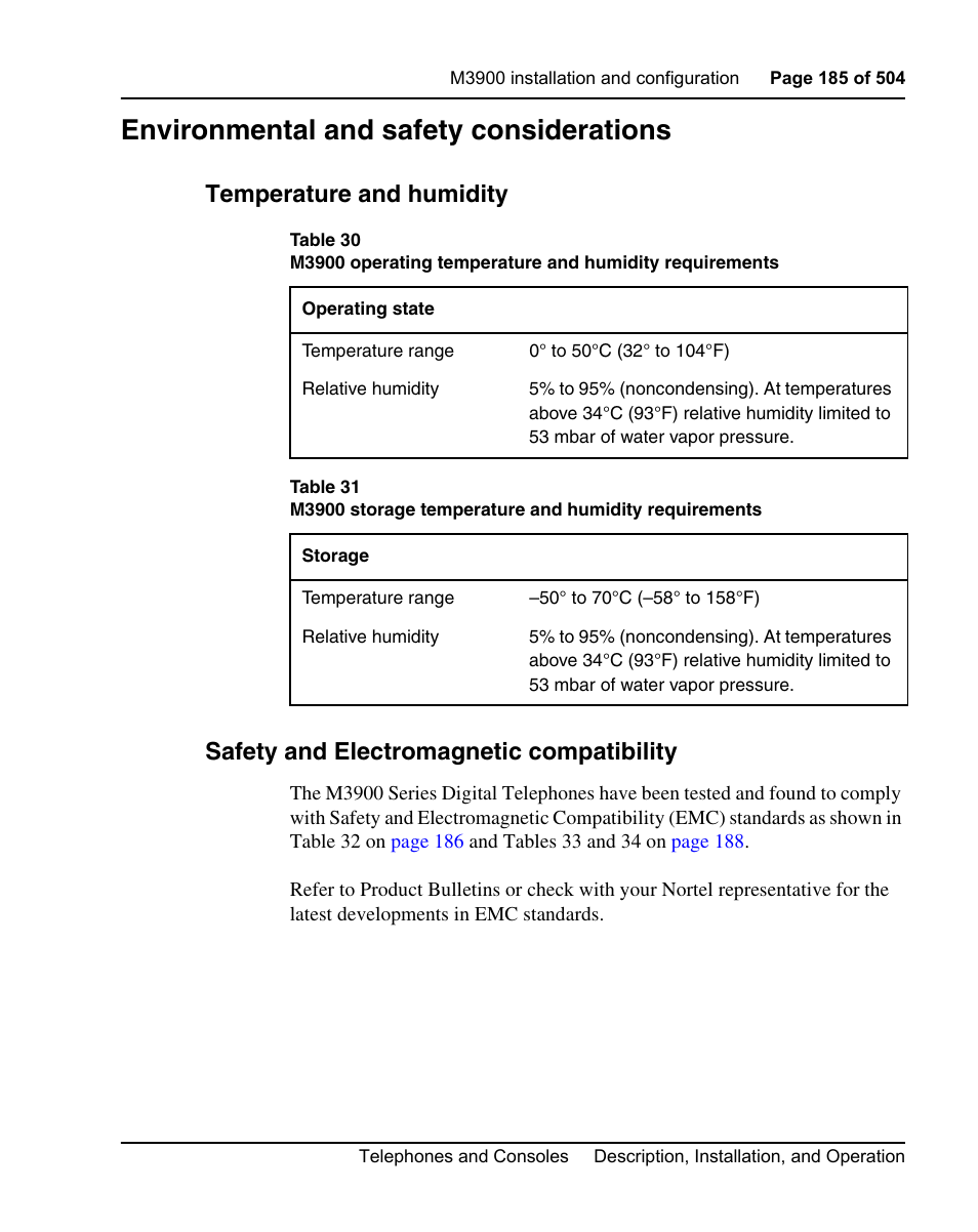 Environmental and safety considerations, Temperature and humidity, Safety and electromagnetic compatibility | Nortel Networks M3110 User Manual | Page 185 / 506
