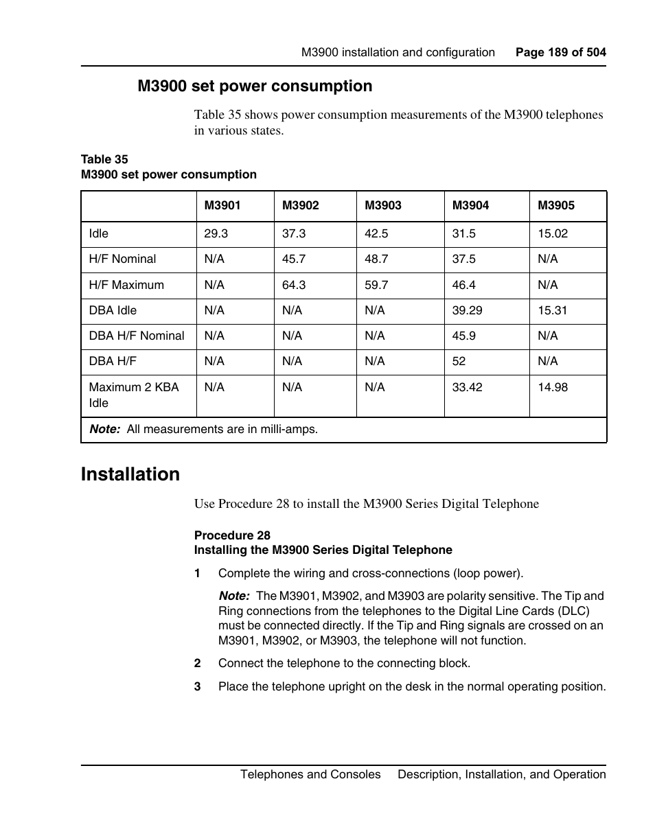M3900 set power consumption, Installation, Installing the m3900 series digital telephone | Nortel Networks M3110 User Manual | Page 189 / 506