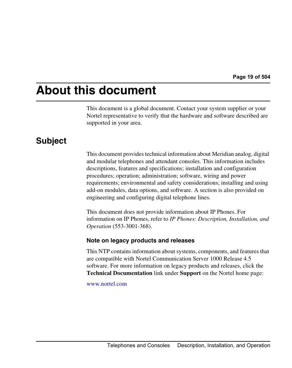 About this document, Subject | Nortel Networks M3110 User Manual | Page 19 / 506